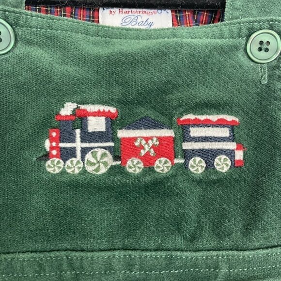 Kitestrings By Hartstrings Green Christmas Holiday Train Overalls Size 12 Months - Picture 4 of 7